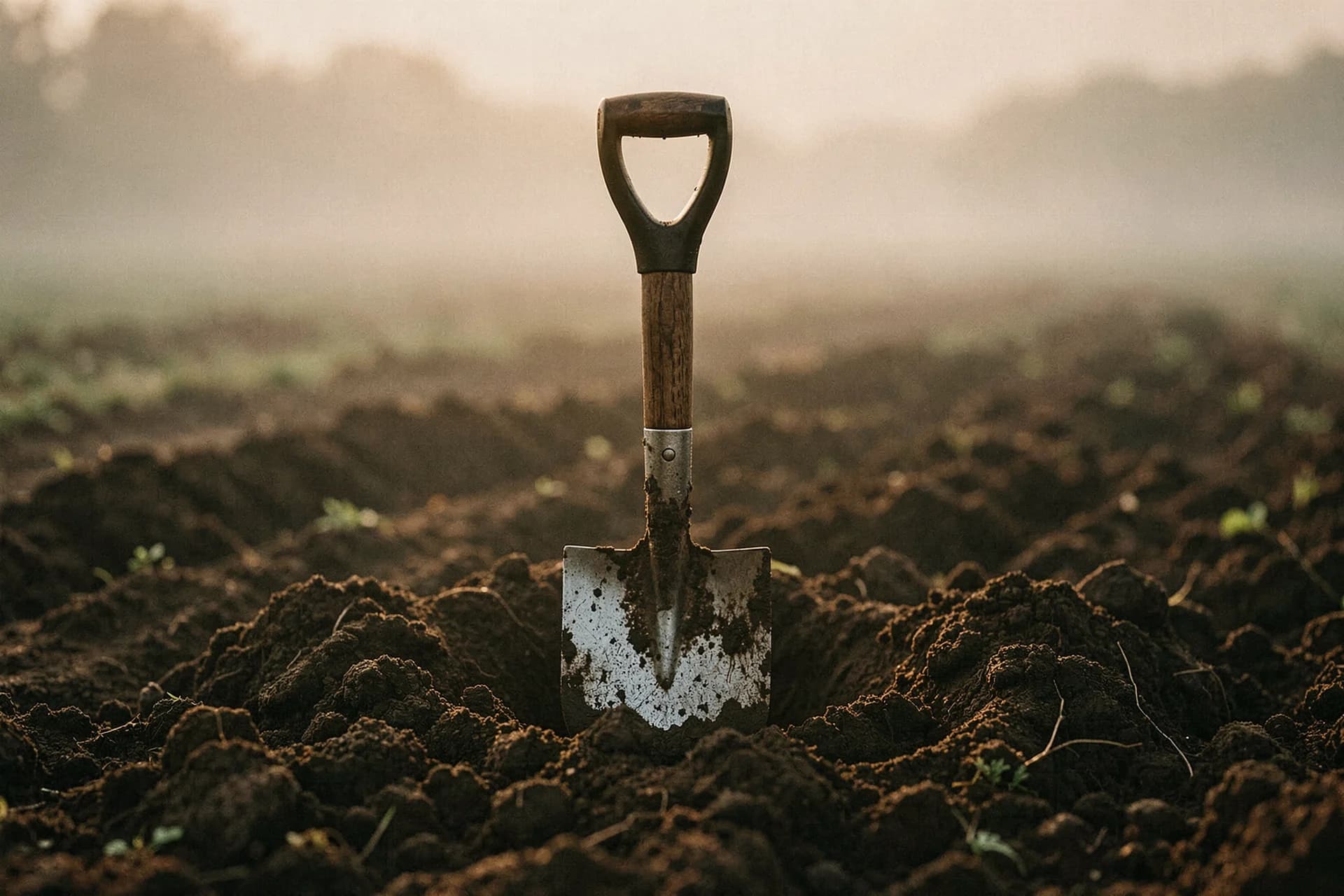 Ingestoken spade met glanzend blad in akkergrond
