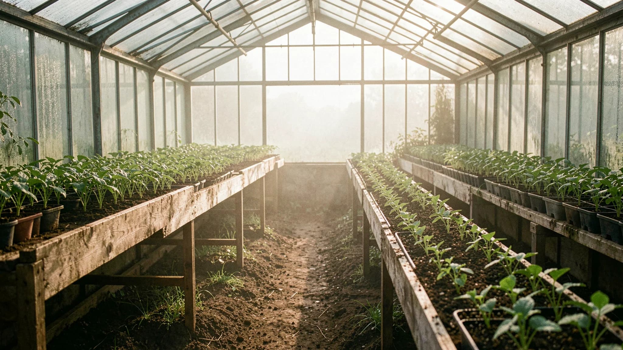 Kweekkas vol jonge planten op houten tafels