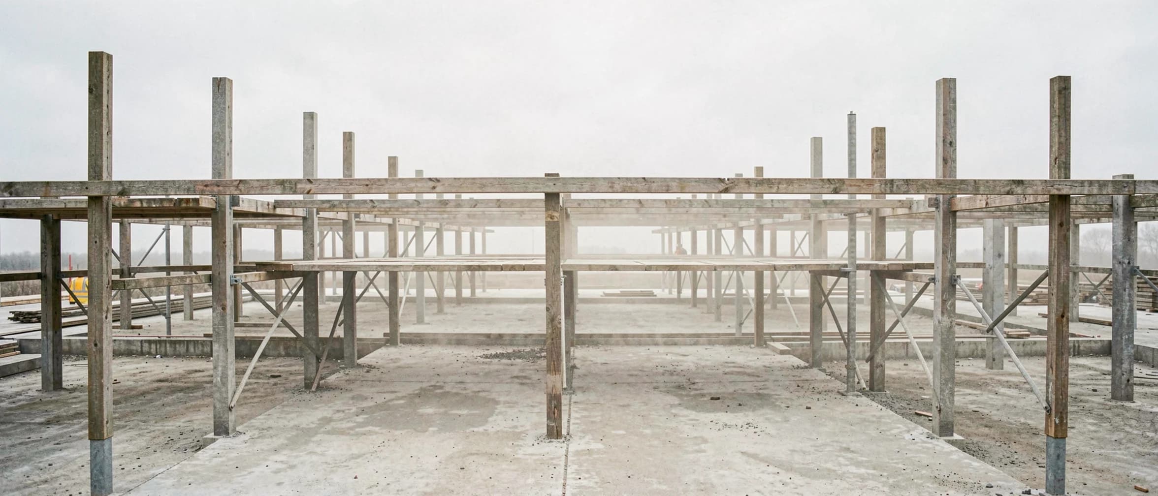 Doorlopende steigerplanken met verticale stalen staanders