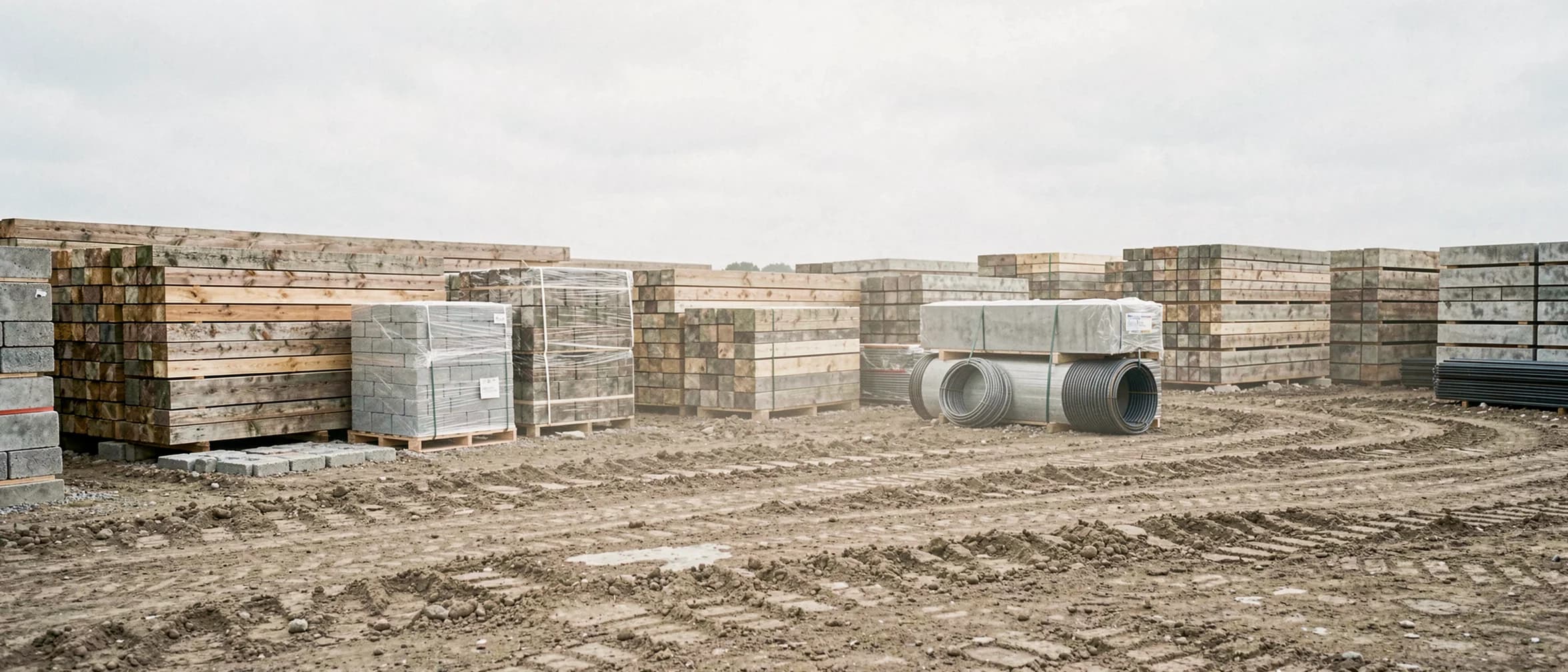Opgeslagen bouwmaterialen op pallets op een bouwterrein