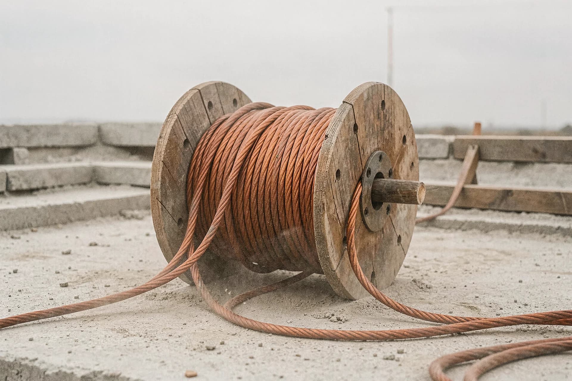 Houten kabelhaspel met afgerolde dikke koperkabel
