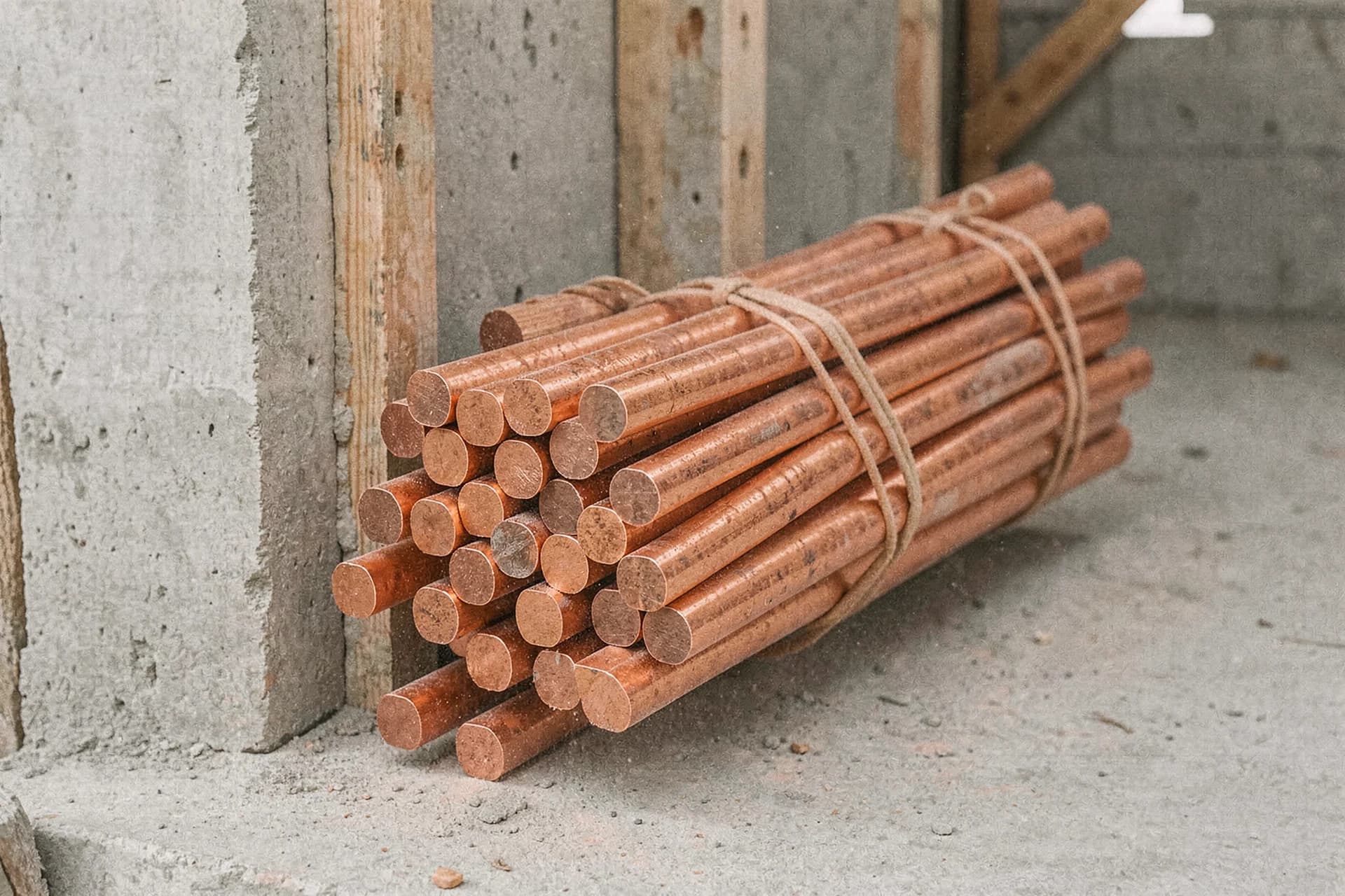 Gebundelde koperen leidingen tegen een houten tussenwand
