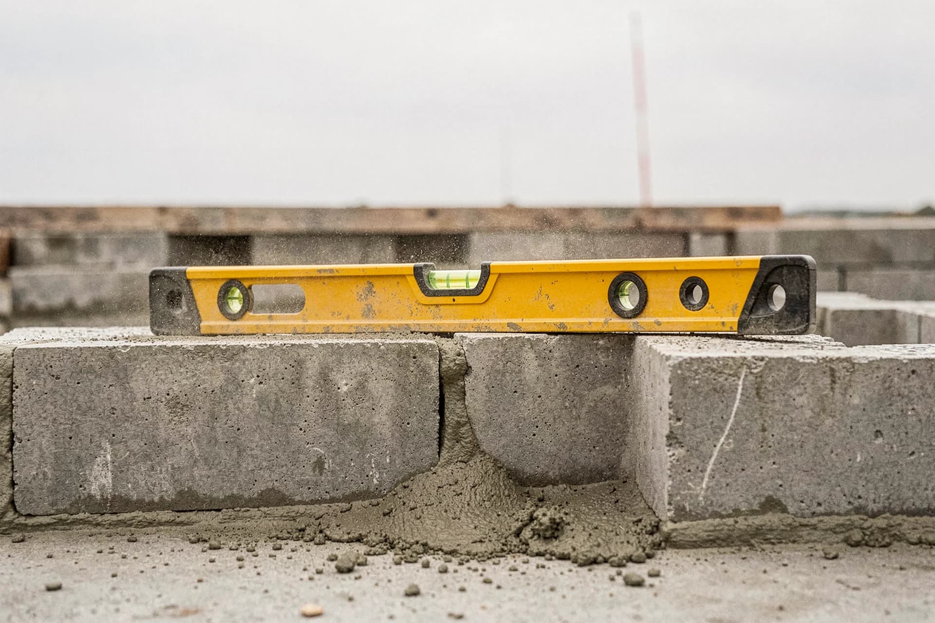 Lange waterpas op een pas gemetselde betonblokkenlaag