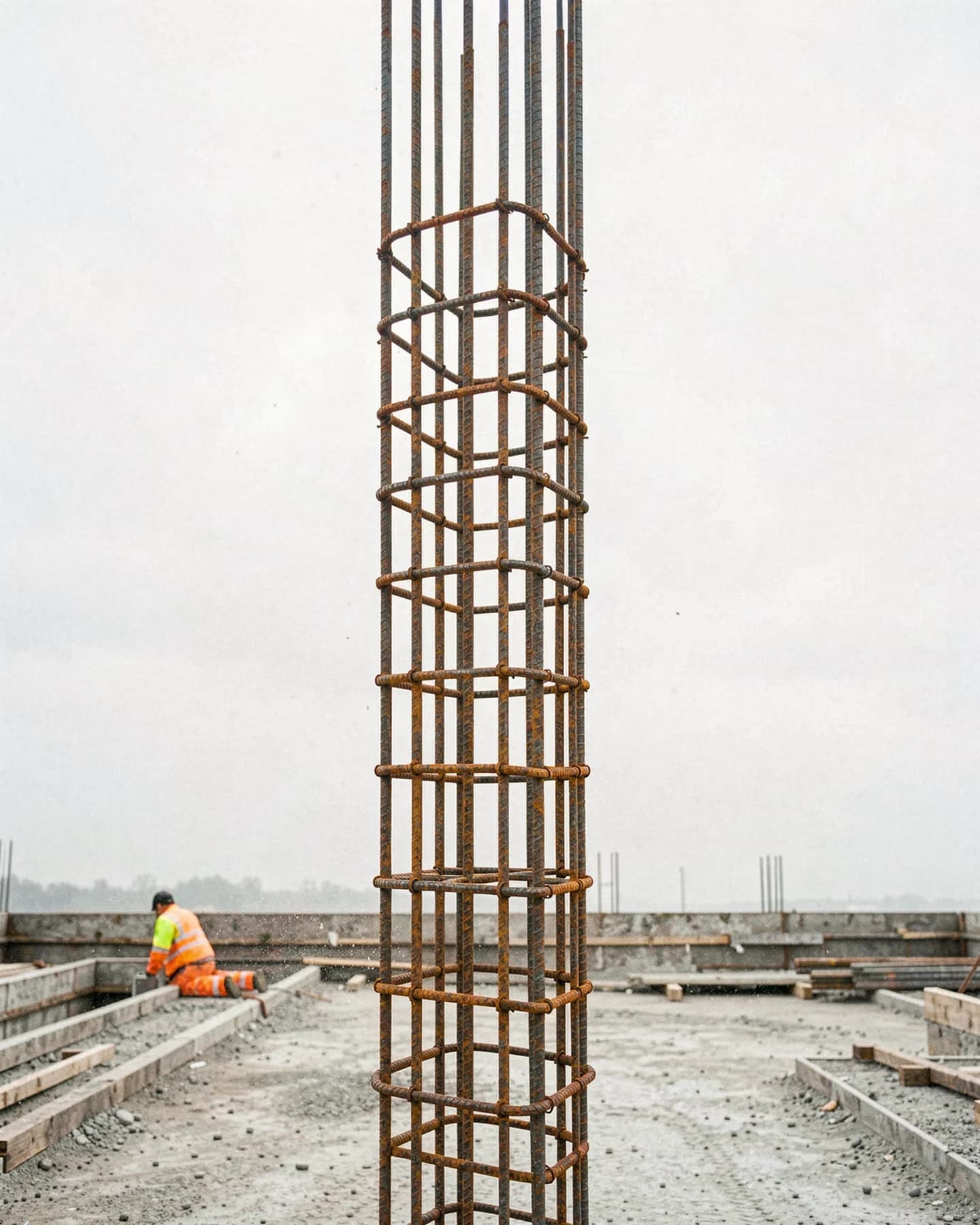 Gevlochten wapeningskolom klaar voor het storten van beton