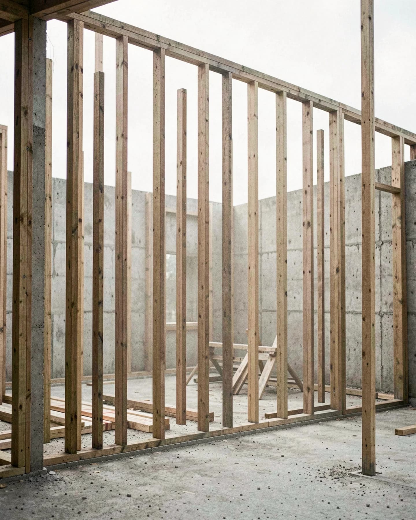 Open houten regelwerk met invallend daglicht tussen staanders
