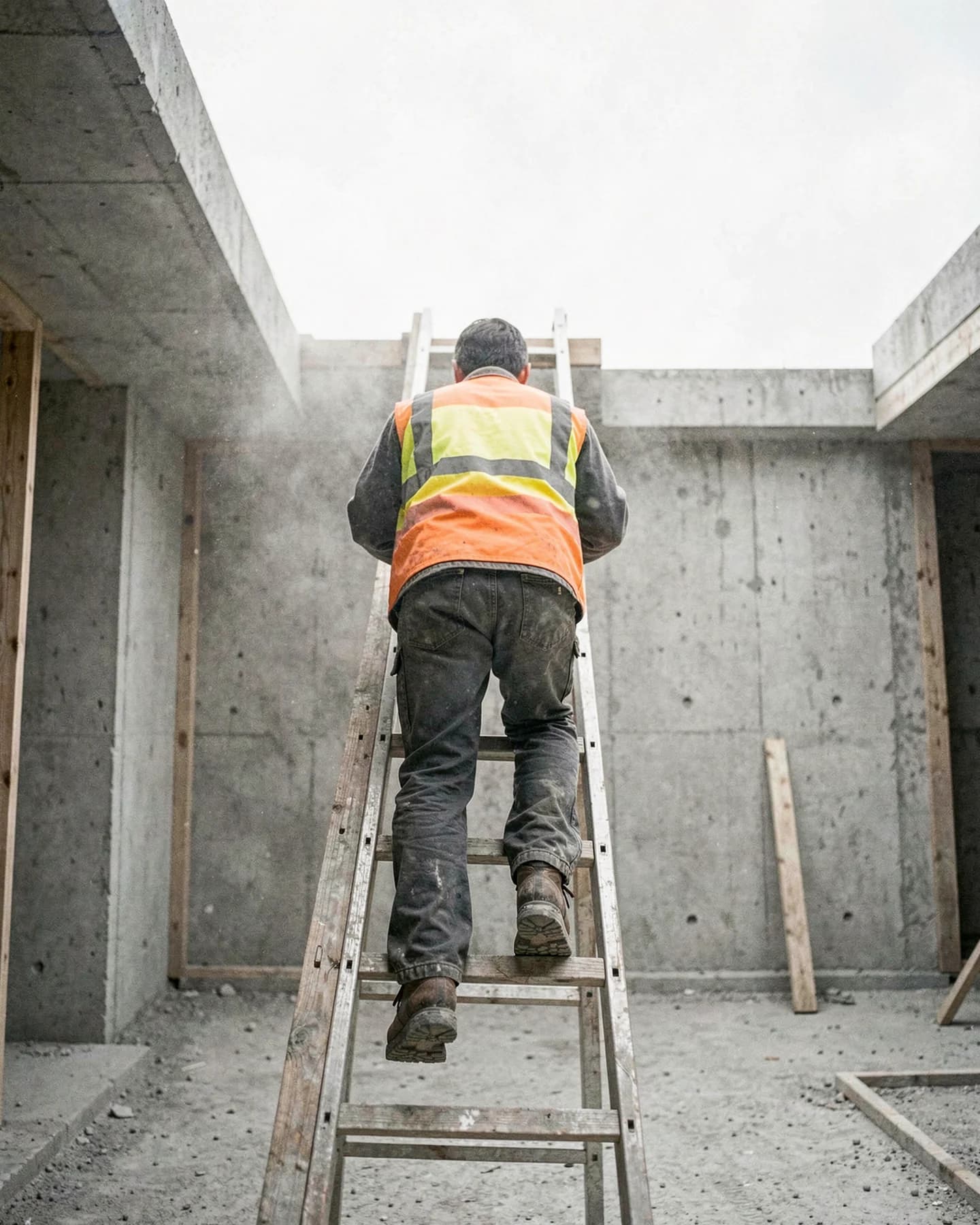 Figuur met veiligheidskleding klimmend op een ladder