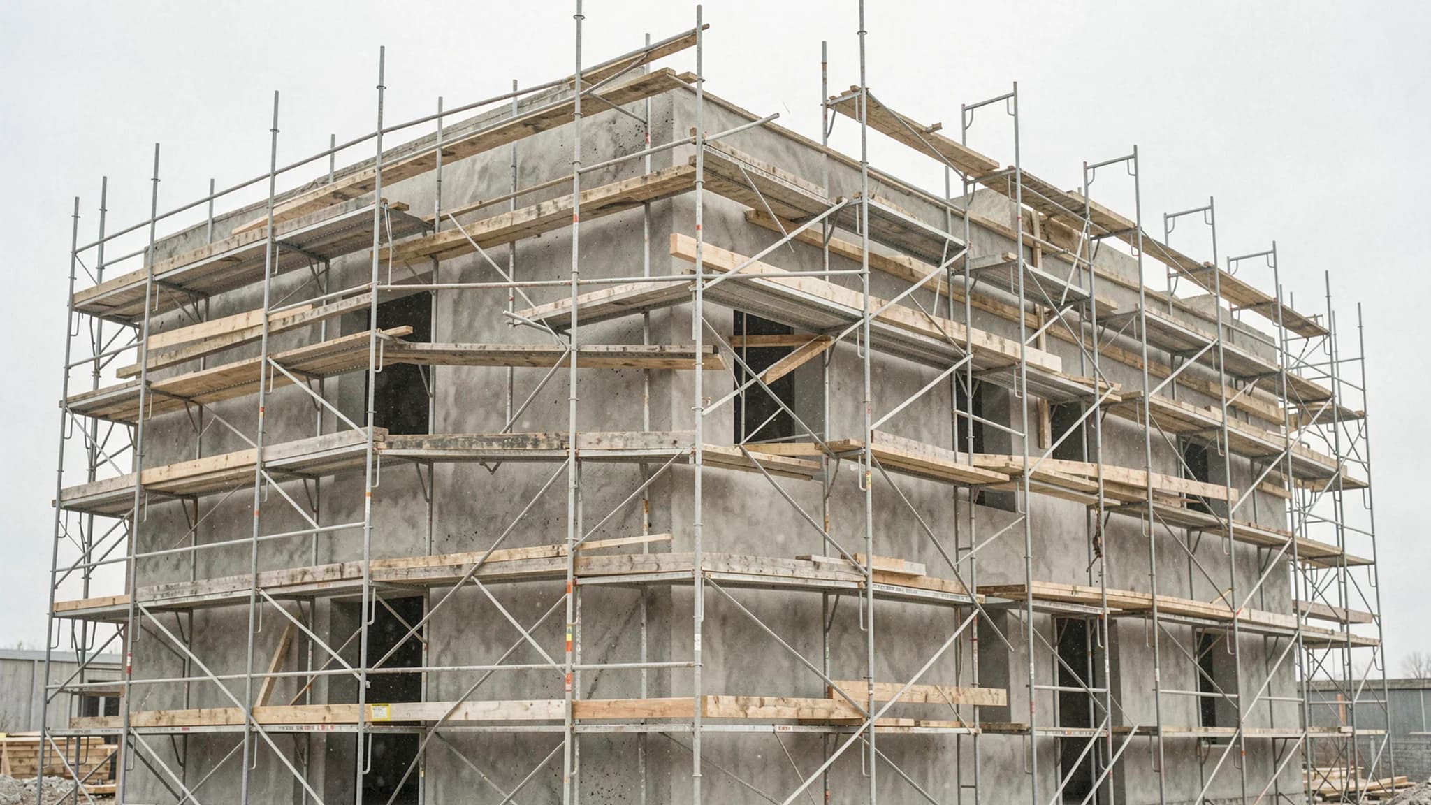 Stalen steigerconstructie over een deels gestukadoorde gevel