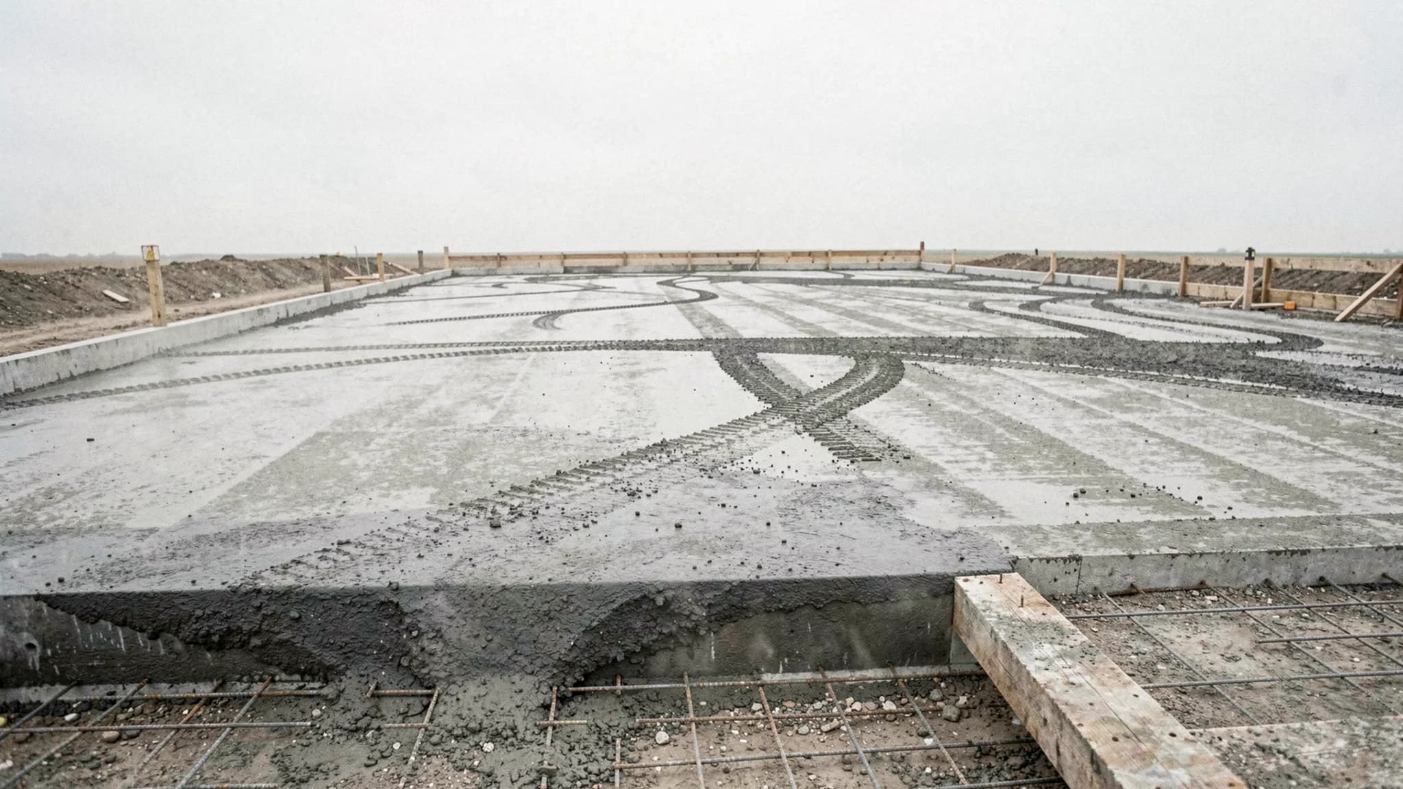 Vers gestorte betonvloer met zichtbare afreilijnen en wapeningsnet