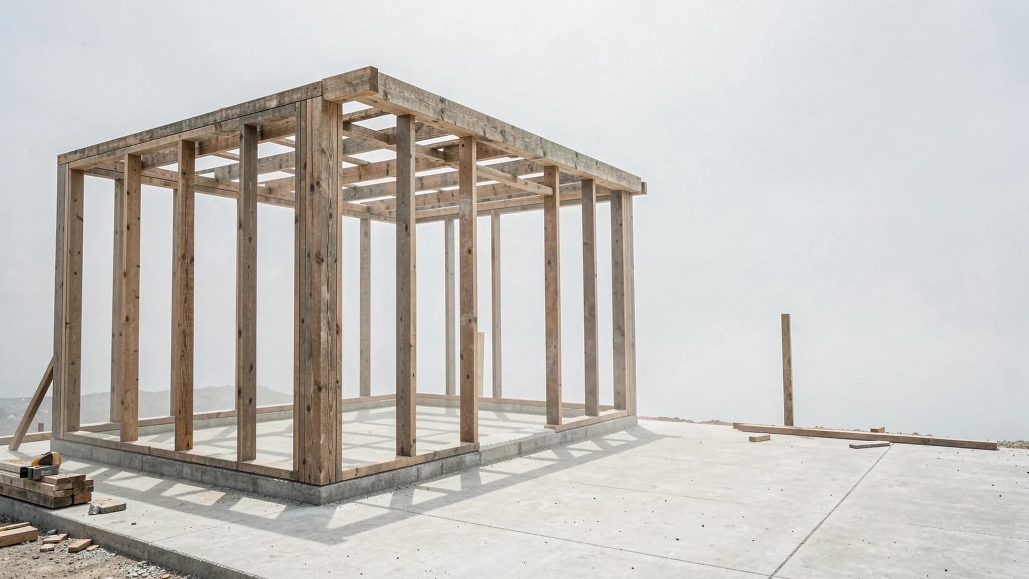 Open houtskeletbouwframe op een pas gestorte betonvloer