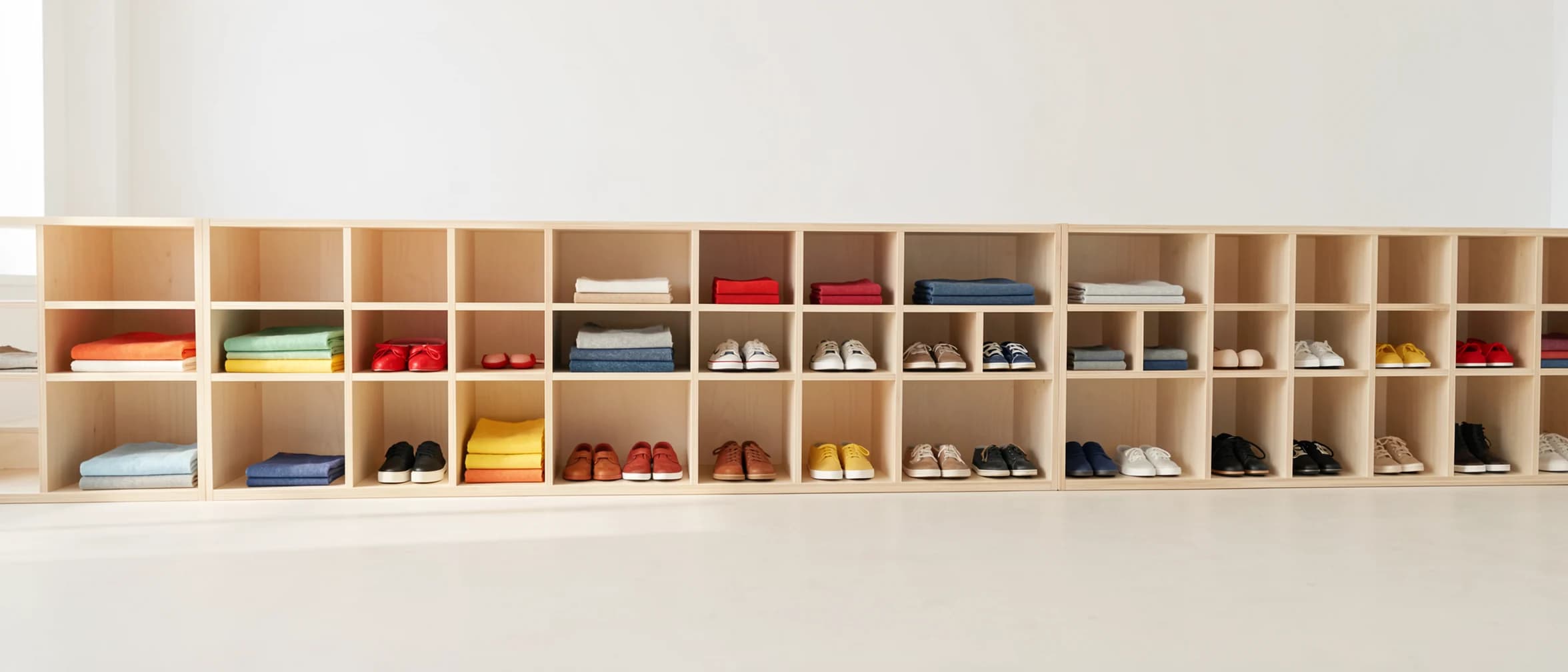 Lage open vakkenkast met doeken en kinderschoenen