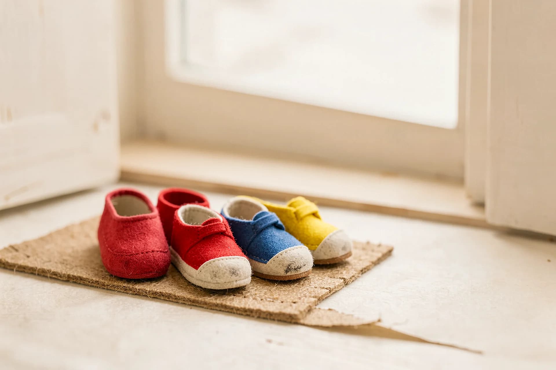 Nette rij kinderschoentjes op een deurmat