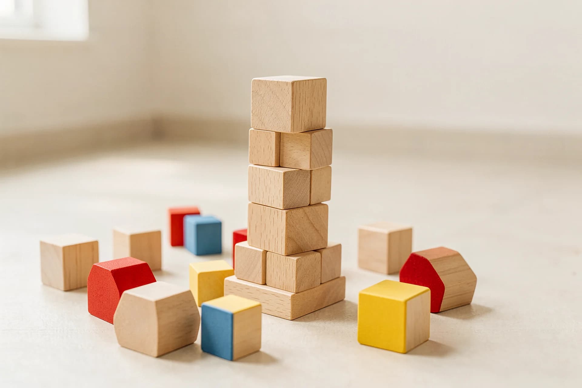 Omgevallen houten bouwblokken met een halfopen torentje