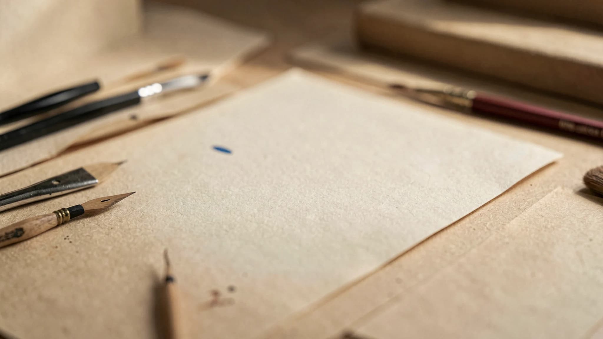 Onscherpe werktafel in warme tinten van perkament
