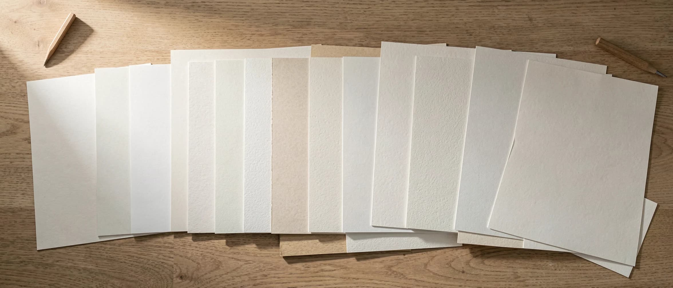 Uitgewaaierde blanco papierstalen over een brede houten tafel