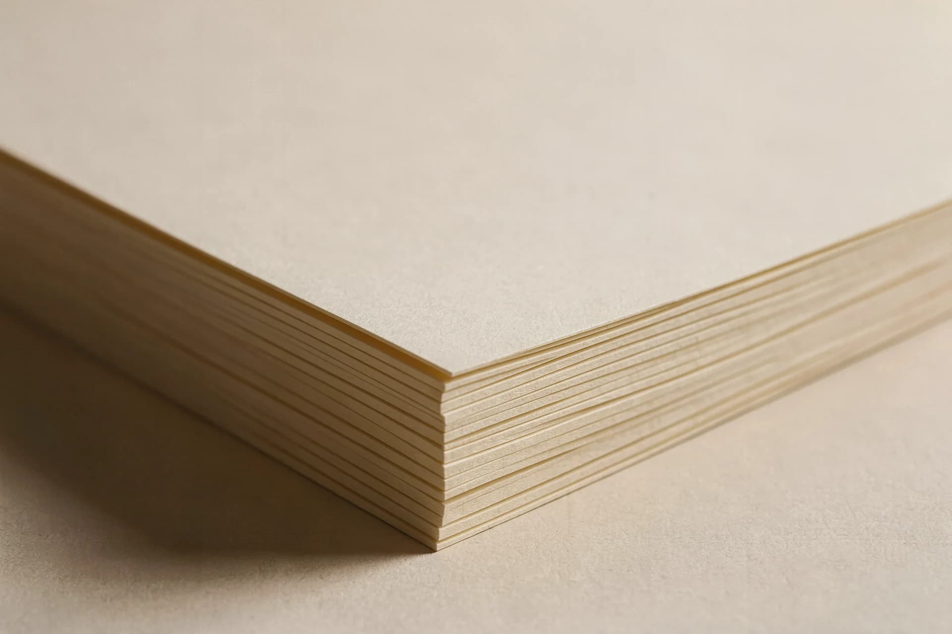 Snijkant van een dikke stapel perkamentkleurig papier