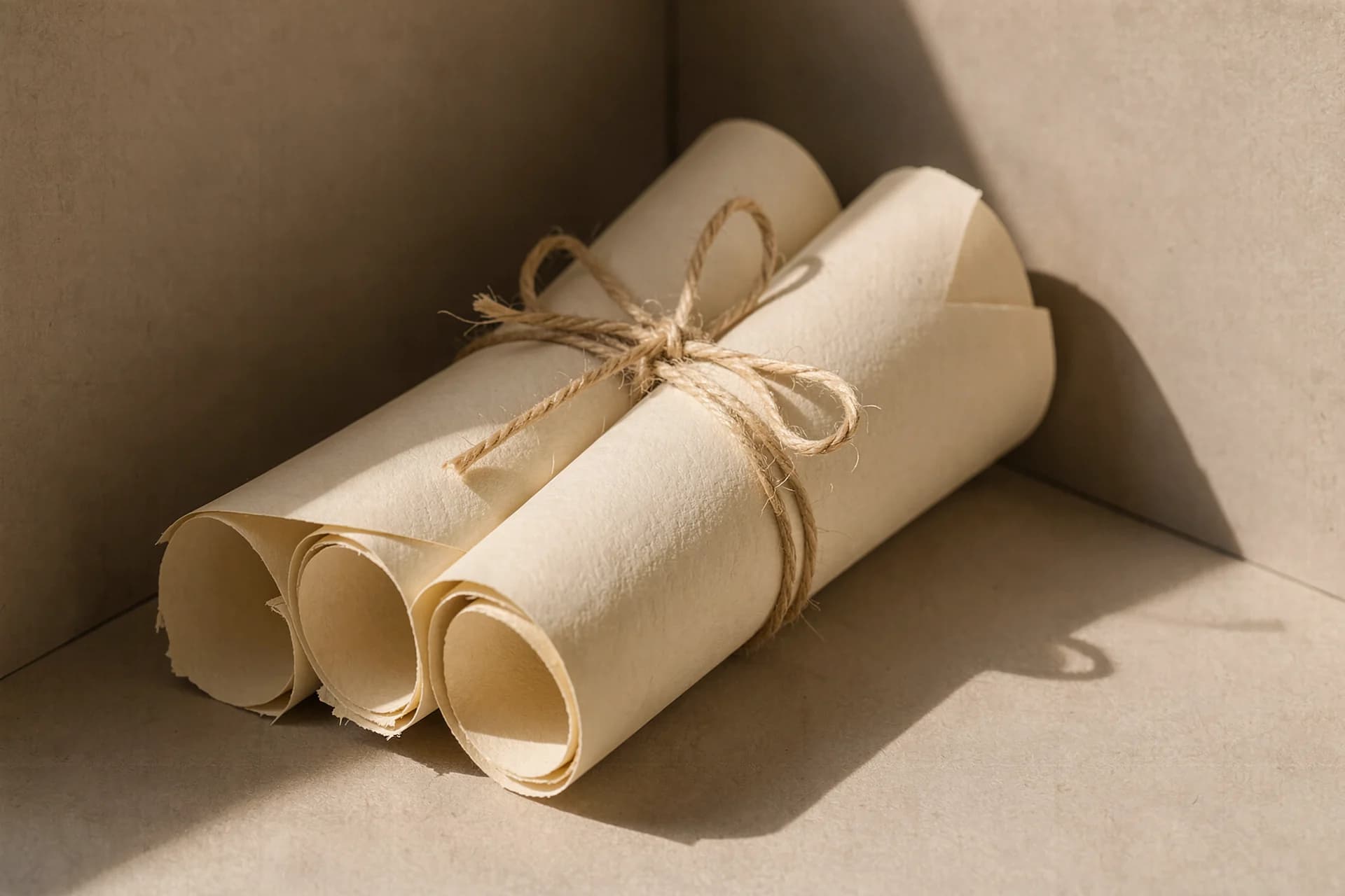 Opgerolde blanco vellen papier gebonden met katoenkoord