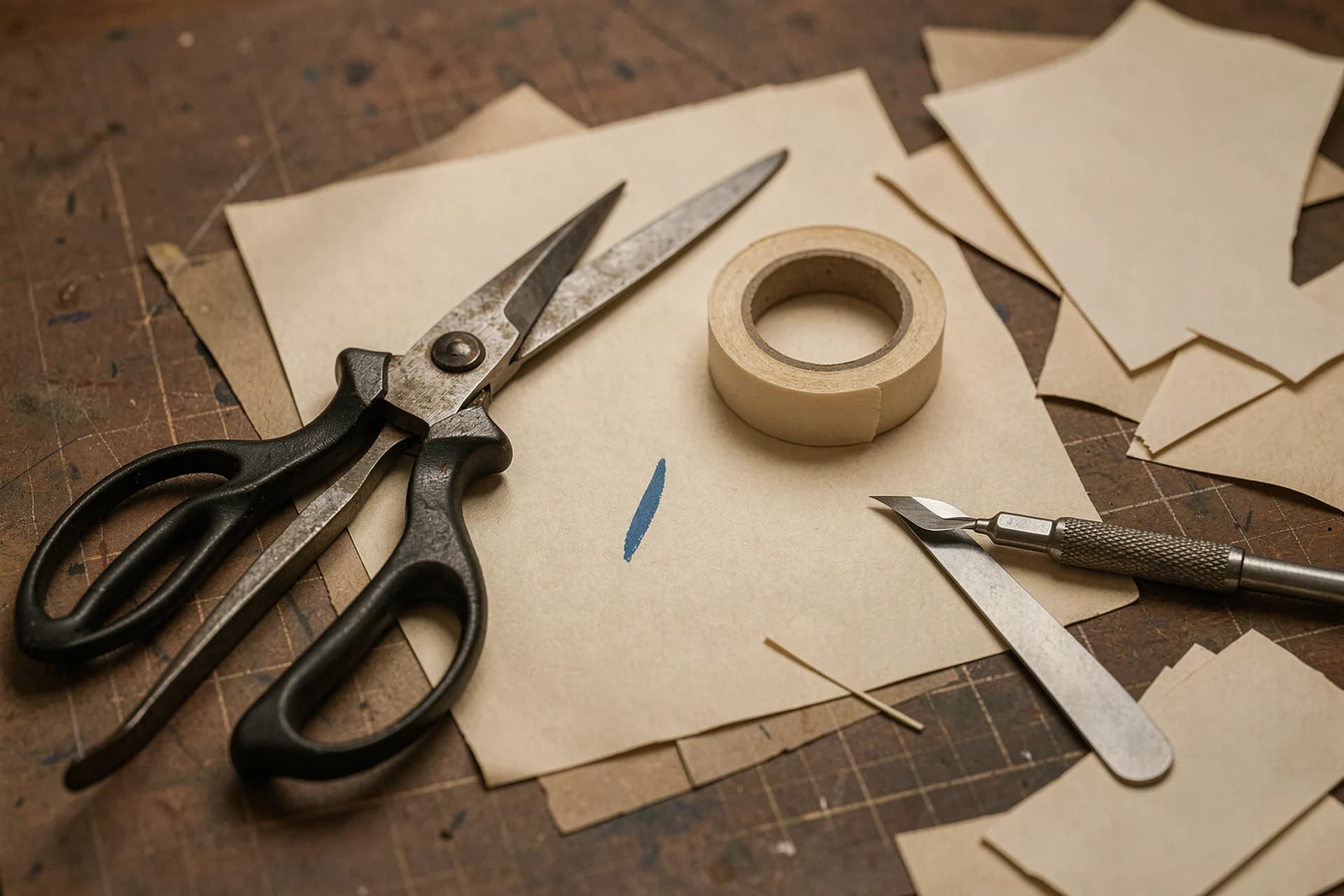 Zware schaar en snijgereedschap op een snijmat