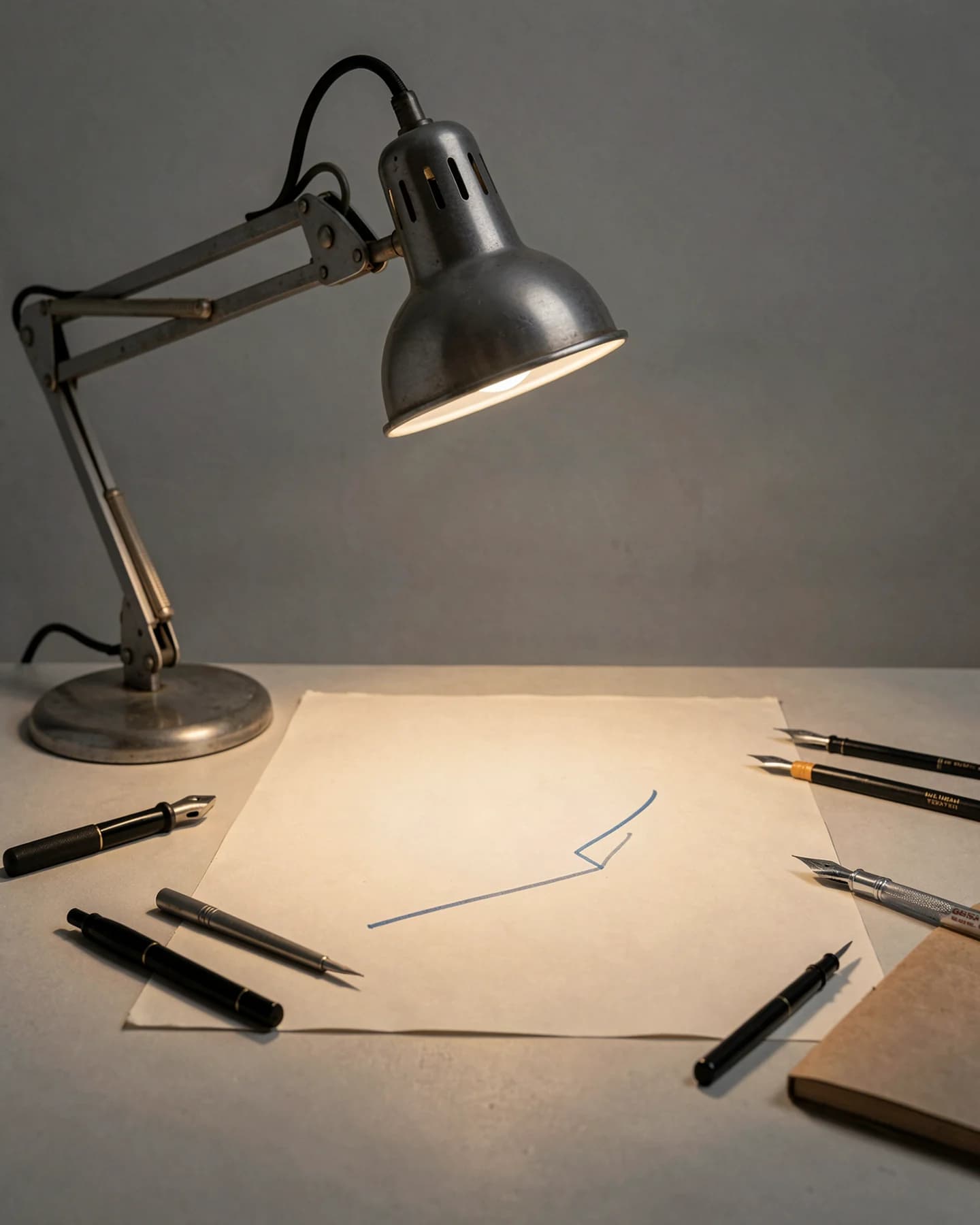 Bureaulamp gericht op een vel leeg tekenpapier