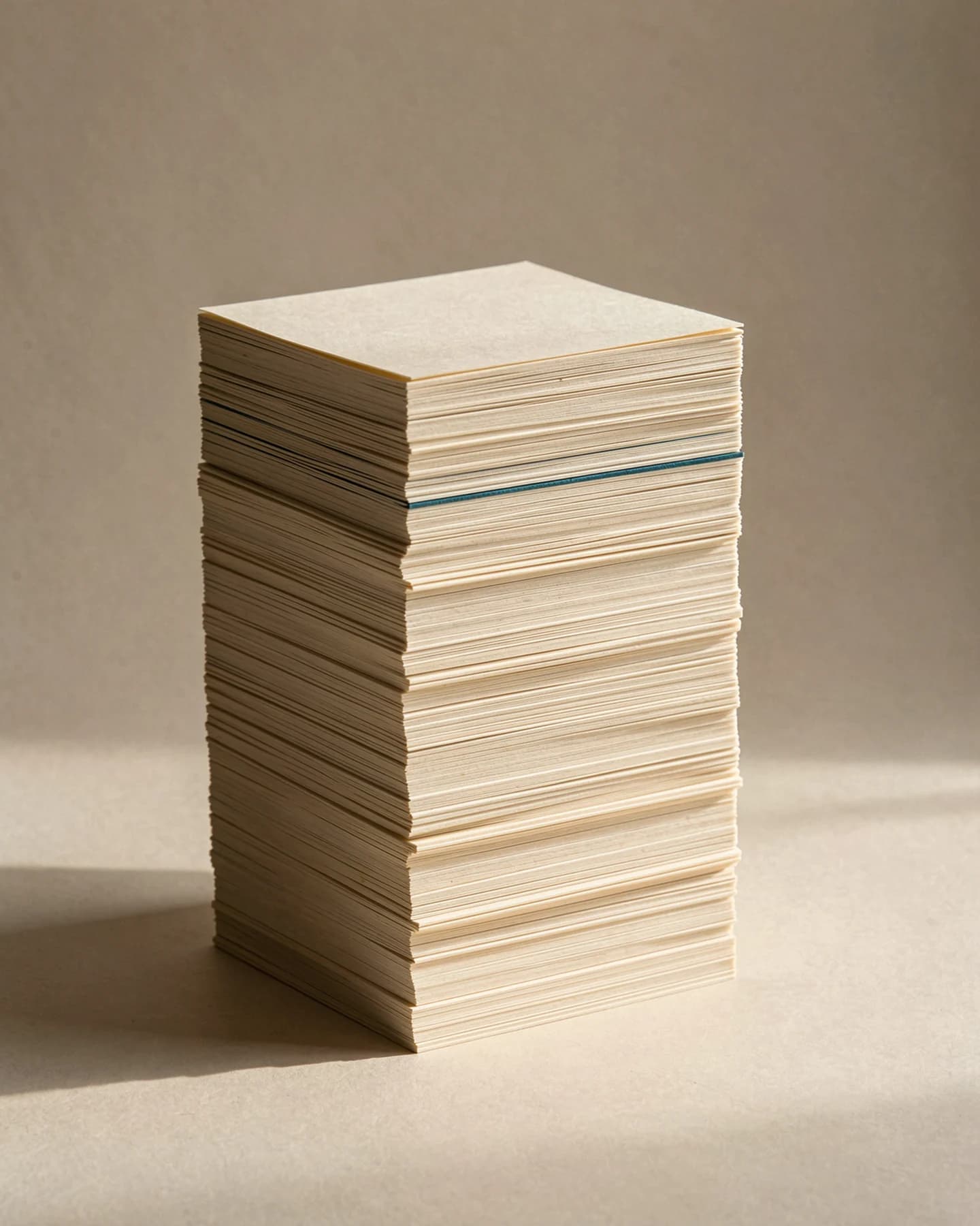 Hoge wankele stapel blanco papier op de studiovloer