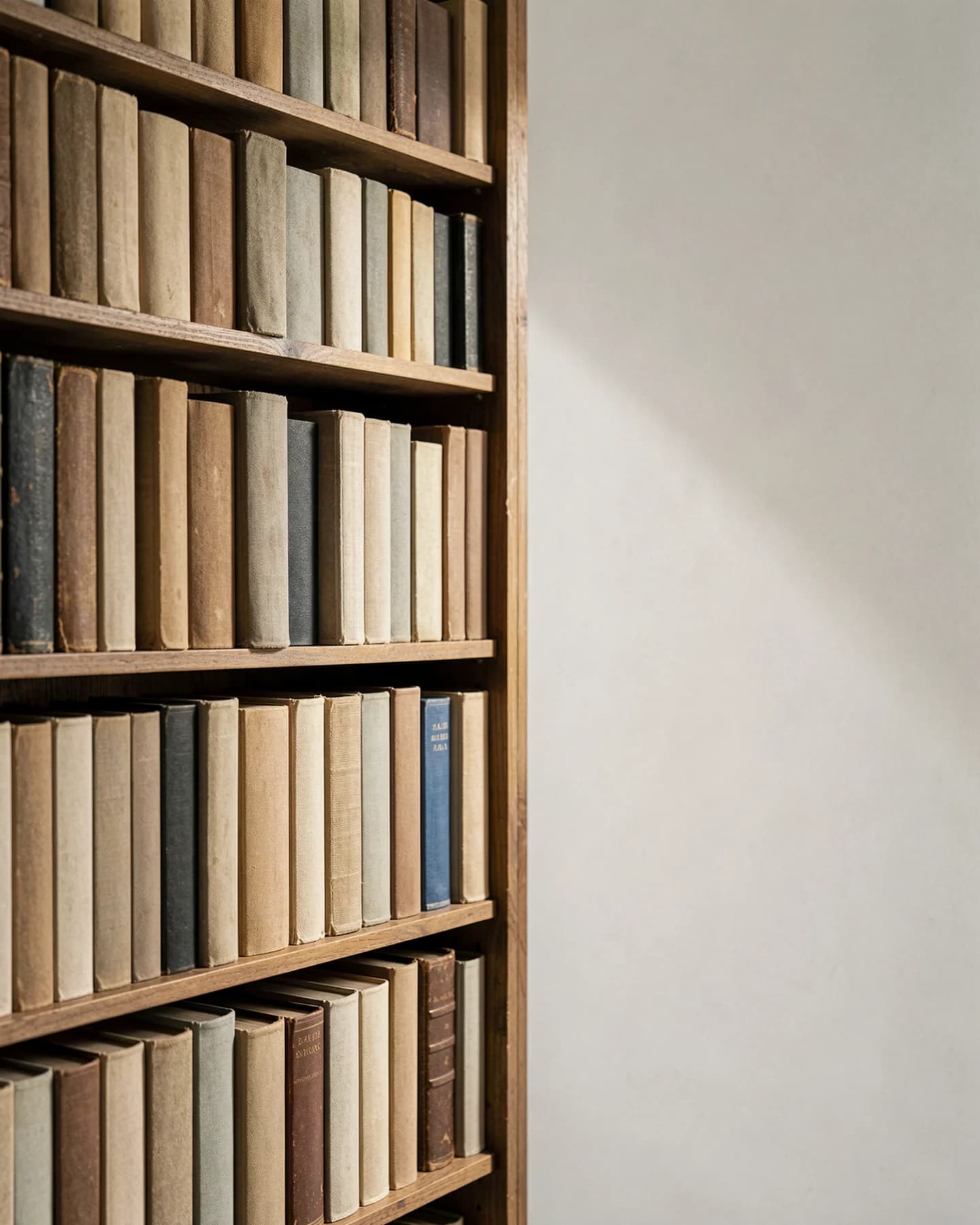 Hoge boekenkast met anonieme in linnen gebonden banden