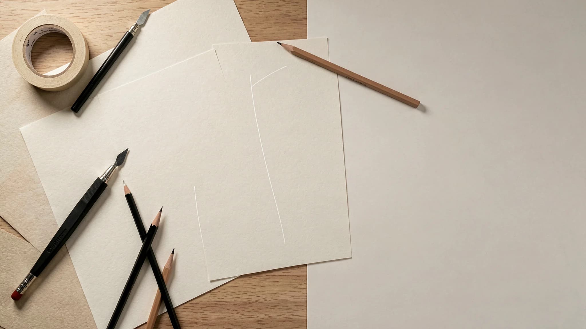 Ontwerptafel van bovenaf met blanco papier en snijgereedschap