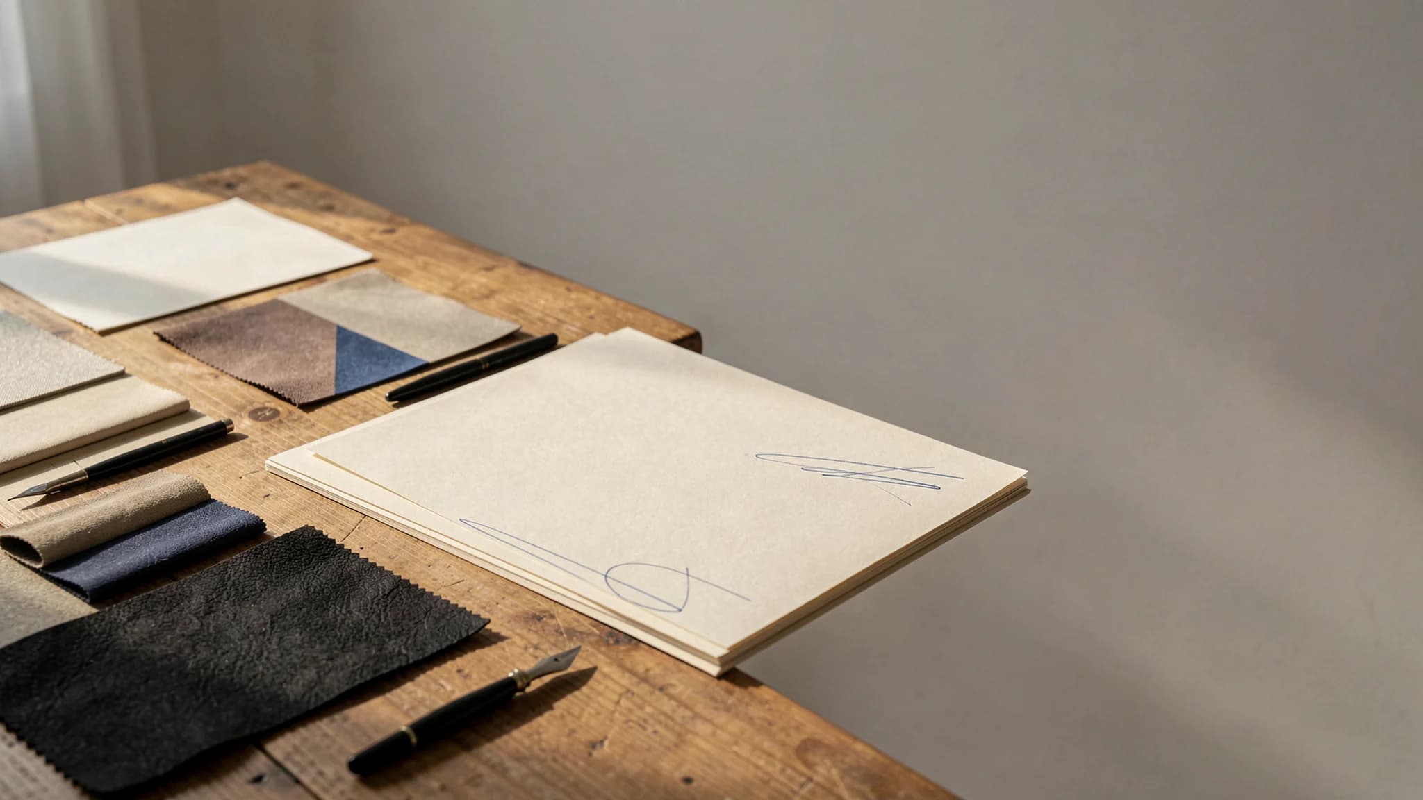 Lange werktafel vol papierstalen en stalen van boekbinderslinnen