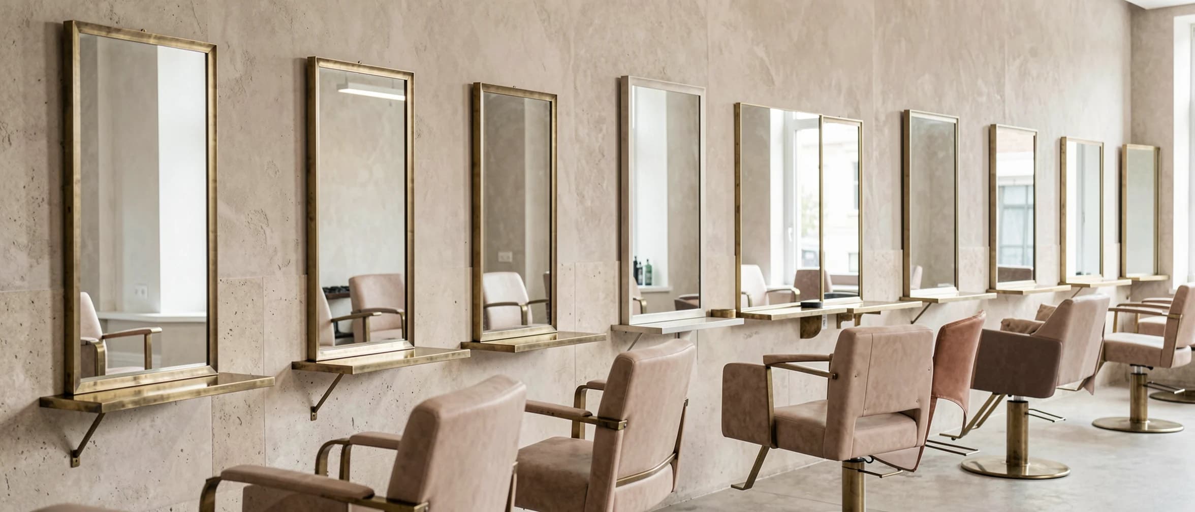 Rij salonspiegels met smalle messing wandplanken