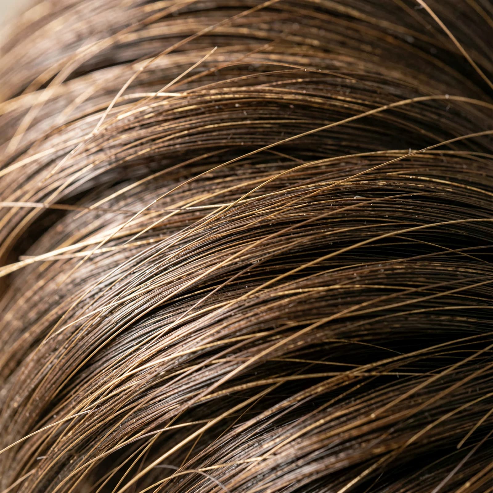 Detailopname van individuele donkere haarlokken en glans