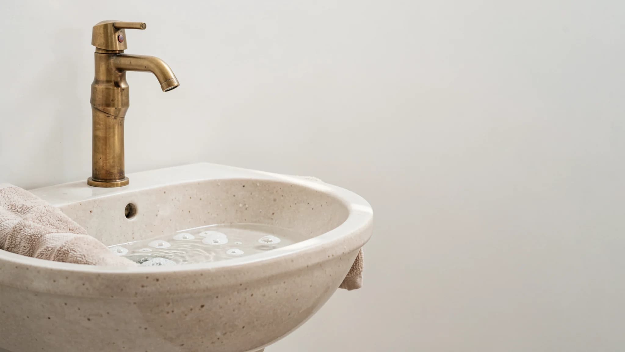 Keramische wasbak in lichte natuursteen met messing mengkraan