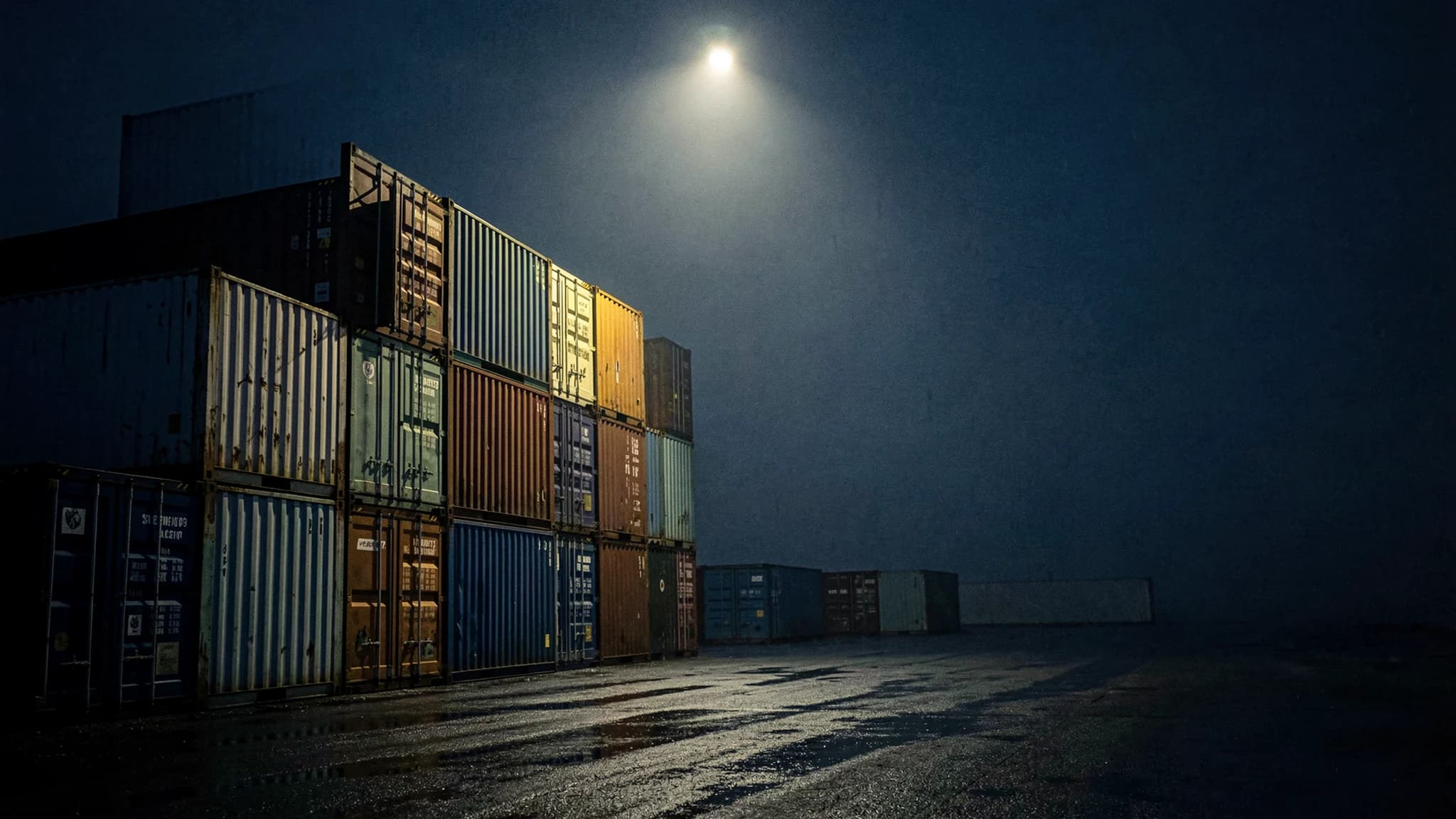 Stapel zeecontainers in de nacht onder een mastlamp