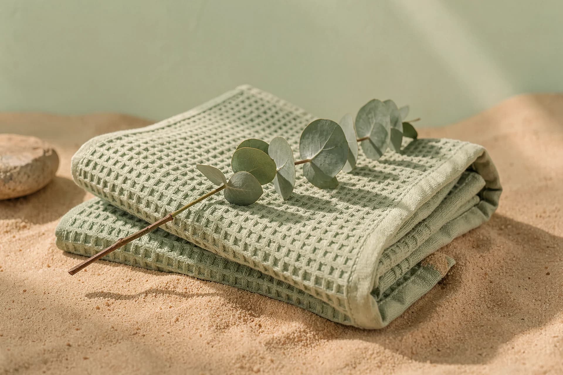 Opgevouwen wafelhanddoeken met een takje eucalyptus