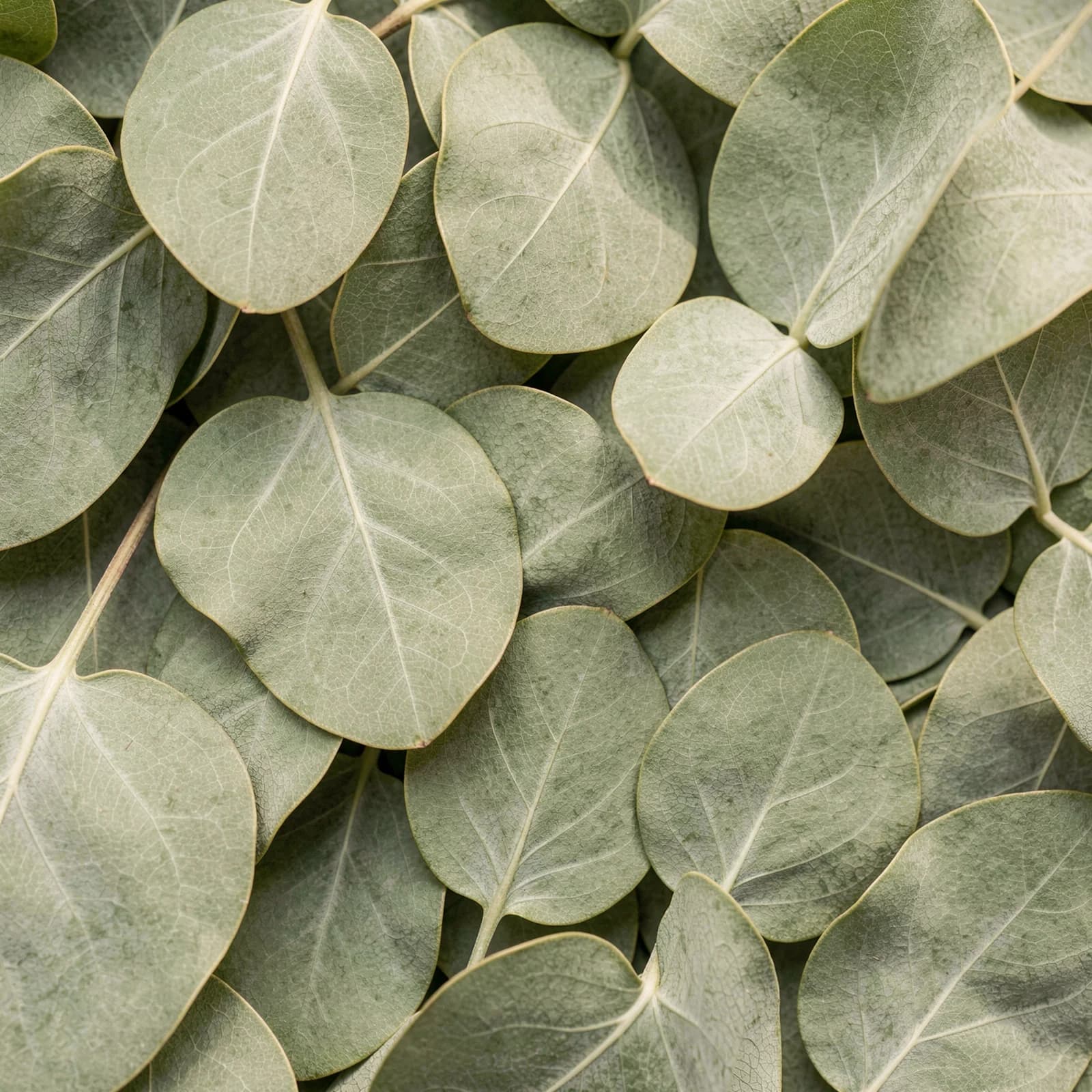 Overlappende eucalyptusbladeren met dofgroen waslaagje en nerven