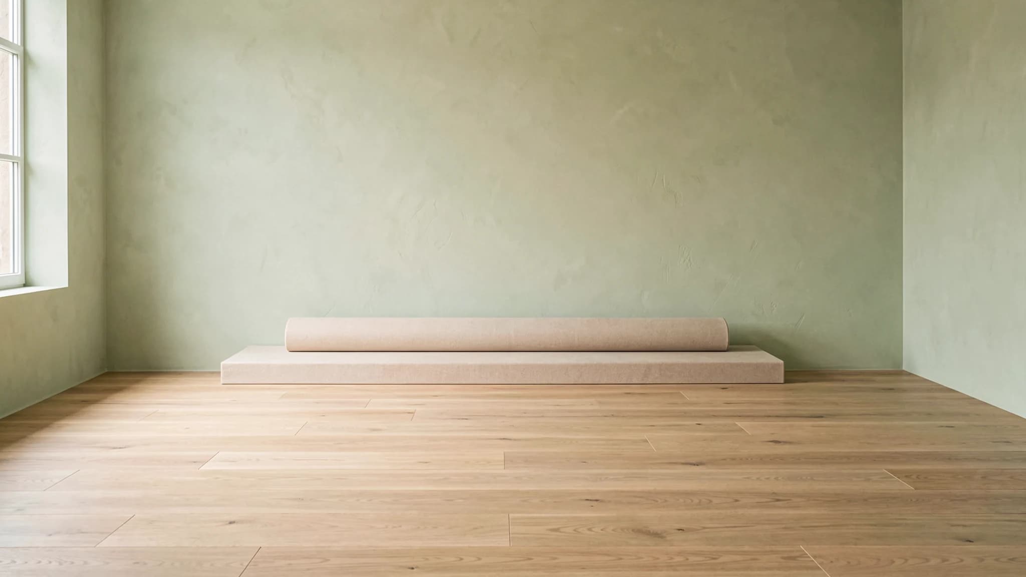 Lege bewegingsstudio met lichte eikenhouten vloer