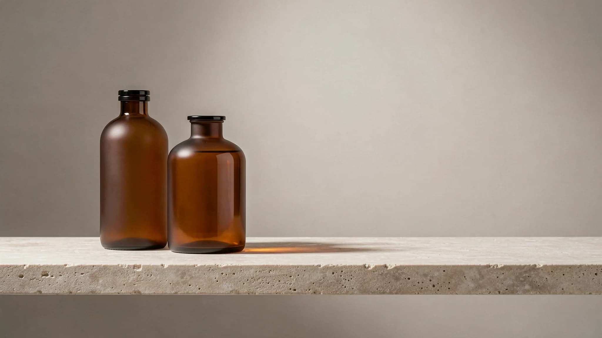 Drie glazen flessen in amber en matglas op steen